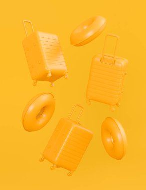 Colorful suitcase or baggage inflatable rings flying on monochrome background. 3D render of summer vacation concept and holidays