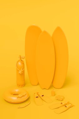 Colorful surfboard, beach ring, umbrellas and scuba mask on monochrome background. 3D render of summer vacation concept and holidays