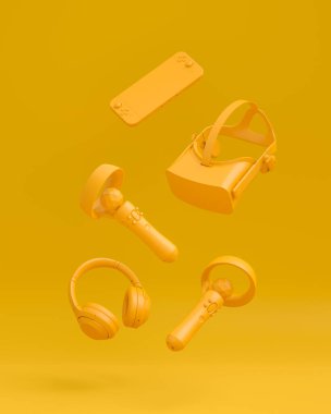 Fare, klavye, joystick, kulaklık, VR kulaklık, monokrom arka planda mikrofon gibi uçan oyun monokrom dişlileri. Canlı yayın konsepti üst görünümü için 3d aksesuar oluşturma