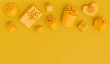 Kurdeleli hediye kutuları ve fiyonklu uçan ve tek renkli arka plan üzerine düşen. 3D karşılama tasarımı konsepti: Doğum günü, Mutlu Noeller, Kara Cuma, Yeni Yıl