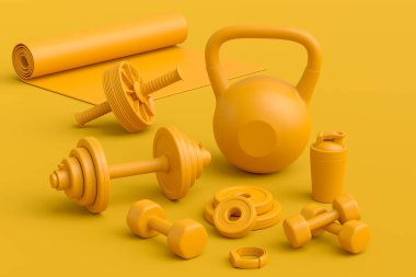 Yoga minderi, kettlebell, fitness topu ve tek renkli arka plandaki akıllı saatler gibi spor ekipmanlarına özgün bir bakış açısı. Güç kaldırma ve zindelik kavramının 3 boyutlu canlandırması