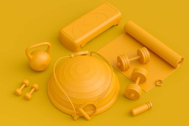 Yoga minderi, kettlebell, fitness topu ve tek renkli arka plandaki akıllı saatler gibi spor ekipmanlarına özgün bir bakış açısı. Güç kaldırma ve zindelik kavramının 3 boyutlu canlandırması