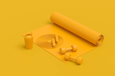 Yoga minderi, kettlebell, fitness topu ve tek renkli arka plandaki akıllı saatler gibi spor ekipmanlarına özgün bir bakış açısı. Güç kaldırma ve zindelik kavramının 3 boyutlu canlandırması