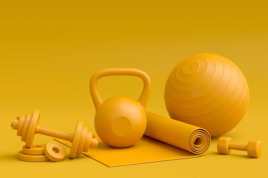 Yoga minderi, kettlebell, fitness topu ve tek renkli arka plandaki akıllı saatler gibi spor ekipmanlarına özgün bir bakış açısı. Güç kaldırma ve zindelik kavramının 3 boyutlu canlandırması