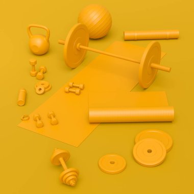 Yoga minderi, kettlebell, fitness topu ve tek renkli arka plandaki akıllı saatler gibi spor ekipmanlarına özgün bir bakış açısı. Güç kaldırma ve zindelik kavramının 3 boyutlu canlandırması