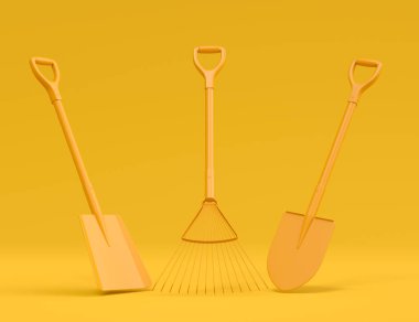 Bahçe küreği, dirgen ve tırmıkla tek renkli arka plan. Çiftlik ve yaz kampı için 3D bahçe aletleri ve ekipman.