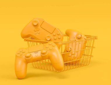 Tek renkli arka planda uçan oyun kumandaları ya da metal kablolu sepetler. 3D satış, indirim, alışveriş ve canlı yayın konsepti aksesuarları sunma kavramı üst görünüm