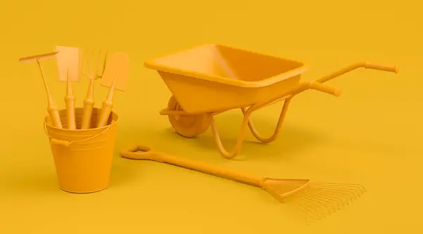 Garden wheelbarrow with garden tools like shovel, rake and fork on monochrome background. 3d render concept of horticulture and farming supplies