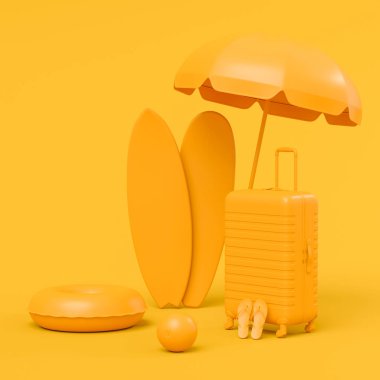 Colorful surfboard, beach ring, umbrellas and lugagge on monochrome background. 3D render of summer vacation concept and holidays