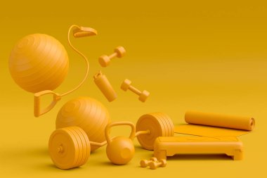 Yoga minderi, kettlebell, fitness topu ve tek renkli arka plandaki akıllı saatler gibi spor ekipmanlarına özgün bir bakış açısı. Güç kaldırma ve zindelik kavramının 3 boyutlu canlandırması