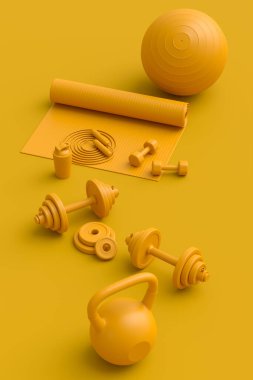 Yoga minderi, kettlebell, fitness topu ve tek renkli arka plandaki akıllı saatler gibi spor ekipmanlarına özgün bir bakış açısı. Güç kaldırma ve zindelik kavramının 3 boyutlu canlandırması