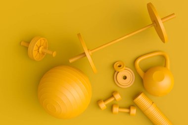 Yoga minderi, kettlebell, fitness topu ve tek renkli arka plandaki akıllı saatler gibi spor ekipmanlarına özgün bir bakış açısı. Güç kaldırma ve zindelik kavramının 3 boyutlu canlandırması