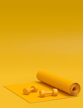 Su savaşı, dambıl ve tek renkli arka planda yoga minderi gibi spor ekipmanlarına farklı bir bakış açısı. Güç kaldırma ve zindelik kavramının 3 boyutlu canlandırması