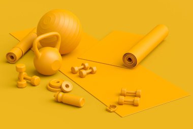 Yoga minderi, kettlebell, fitness topu ve tek renkli arka plandaki akıllı saatler gibi spor ekipmanlarına özgün bir bakış açısı. Güç kaldırma ve zindelik kavramının 3 boyutlu canlandırması