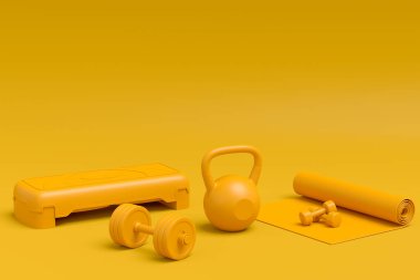 Yoga minderi, kettlebell, fitness topu ve tek renkli arka plandaki akıllı saatler gibi spor ekipmanlarına özgün bir bakış açısı. Güç kaldırma ve zindelik kavramının 3 boyutlu canlandırması