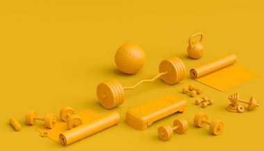 Yoga minderi, kettlebell, fitness topu ve tek renkli arka plandaki akıllı saatler gibi spor ekipmanlarına özgün bir bakış açısı. Güç kaldırma ve zindelik kavramının 3 boyutlu canlandırması
