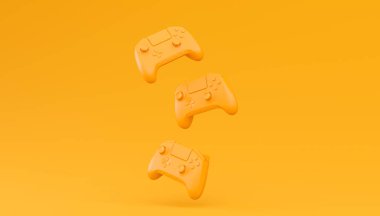 Video oyunu joystickleri ya da tek renkli arka planlı oyun koruyucuları. Bulut oyunu ve oyun alanı çalışma alanı konsepti için 3B yayın ekipmanı oluşturma