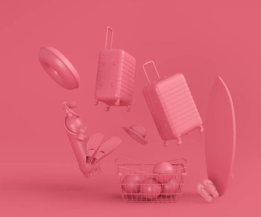 Colorful luggage with beach accessories and shopping basket flying on monochrome background. 3D render of summer vacation concept and holidays