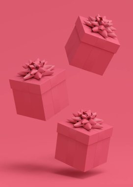 Kurdeleli hediye kutuları ve fiyonklu uçan ve tek renkli arka plan üzerine düşen. 3D karşılama tasarımı konsepti: Doğum günü, Mutlu Noeller, Kara Cuma, Yeni Yıl