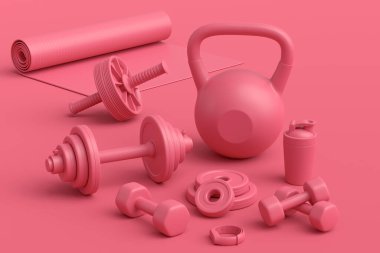 Yoga minderi, kettlebell, fitness topu ve tek renkli arka plandaki akıllı saatler gibi spor ekipmanlarına özgün bir bakış açısı. Güç kaldırma ve zindelik kavramının 3 boyutlu canlandırması