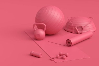 Yoga minderi, kettlebell, fitness topu ve tek renkli arka plandaki akıllı saatler gibi spor ekipmanlarına özgün bir bakış açısı. Güç kaldırma ve zindelik kavramının 3 boyutlu canlandırması