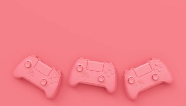 Video oyunu joystickleri ya da tek renkli pembe arka planlı oyun koruyucuları. Bulut oyunu ve oyun alanı çalışma alanı konsepti için 3B yayın ekipmanı oluşturma