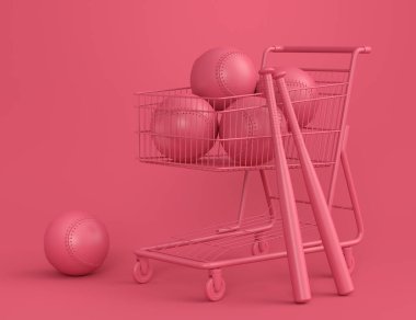 Set of ball like basketball, american football and golf in shopping cart on monochrome background. 3d rendering of sport accessories for team playing games