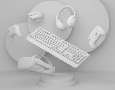 Oyun kumandası, klavye ve kulaklıklar silindir podyumda tek renkli arka planda. Bulut oyunu ve oyuncu çalışma alanı için akış teçhizatı gibi 3D görüntüleme ürünü