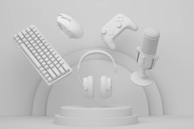 Oyun kumandası, mikrofon ve kulaklıklar silindir podyumda tek renkli arka planda. Bulut oyunu ve oyuncu çalışma alanı için akış teçhizatı gibi 3D görüntüleme ürünü