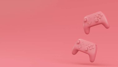 Video oyunu joystickleri ya da tek renkli pembe arka planlı oyun koruyucuları. Bulut oyunu ve oyun alanı çalışma alanı konsepti için 3B yayın ekipmanı oluşturma