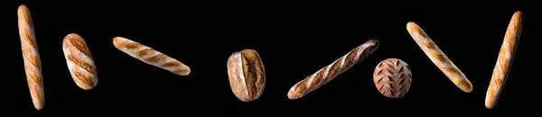 stock image Set of fresh baked bread and French rye baguette isolated on black background.