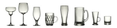 Beyaz arkaplanda izole edilmiş çeşitli bardakların silueti.