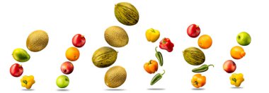 Group of fruits isolated on white background like mango. melon, apple , bell pepper and orange. clipart