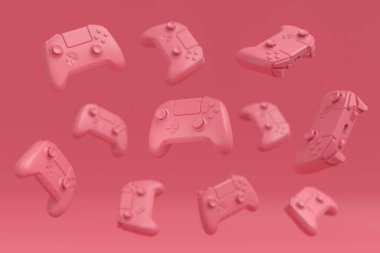 Tek renkli arka planda uçan oyun kumandası ya da oyun yastığı seti. Canlı yayın konsepti üst görünümü için 3d aksesuar oluşturma