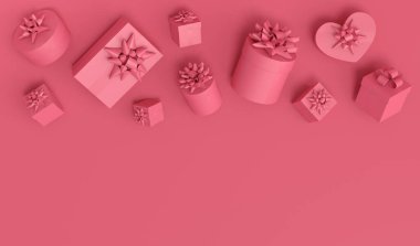 Kurdeleli hediye kutuları ve fiyonklu uçan ve tek renkli arka plan üzerine düşen. 3D karşılama tasarımı konsepti: Doğum günü, Mutlu Noeller, Kara Cuma, Yeni Yıl