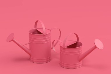 Tek renkli arka planda bir dizi sulama tenekesi. 3D bahçe aletleri kavramı tarım ve hasat araçları