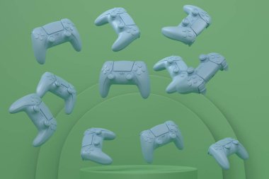 Silindir podyumda tek renkli arka planda basamakları olan bir oyun kumandası seti. Bulut oyunu ve oyun alanı çalışma alanı konsepti için 3D görüntüleme ürünü gibi