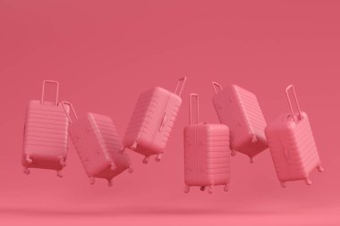 Renkli bavul ya da tek renkli arka planda valiz. Yaz tatili konsepti ve tatillerinin 3 boyutlu canlandırması