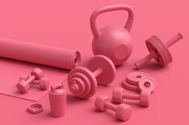 Yoga minderi, kettlebell, fitness topu ve tek renkli arka plandaki akıllı saatler gibi spor ekipmanlarına özgün bir bakış açısı. Güç kaldırma ve zindelik kavramının 3 boyutlu canlandırması