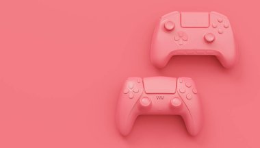 Video oyunu joystickleri ya da tek renkli pembe arka planlı oyun koruyucuları. Bulut oyunu ve oyun alanı çalışma alanı konsepti için 3B yayın ekipmanı oluşturma