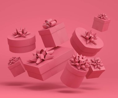 Kurdeleli hediye kutuları ve fiyonklu uçan ve tek renkli arka plan üzerine düşen. 3D karşılama tasarımı konsepti: Doğum günü, Mutlu Noeller, Kara Cuma, Yeni Yıl