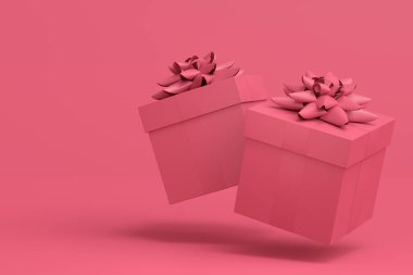 Kurdeleli hediye kutuları ve fiyonklu uçan ve tek renkli arka plan üzerine düşen. 3D karşılama tasarımı konsepti: Doğum günü, Mutlu Noeller, Kara Cuma, Yeni Yıl