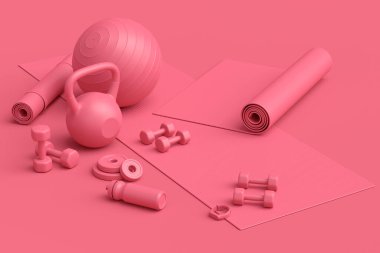 Yoga minderi, kettlebell, fitness topu ve tek renkli arka plandaki akıllı saatler gibi spor ekipmanlarına özgün bir bakış açısı. Güç kaldırma ve zindelik kavramının 3 boyutlu canlandırması