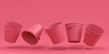 Tek renkli arka planda izole edilmiş metal bahçe kovaları. Bitkilerin 3 boyutlu bakım ve susuzluğu