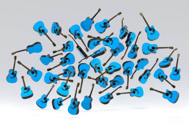 Birçok uçan akustik gitar beyaz arka planda izole edilmiştir. Müzik dükkanı için İspanyol gitarlı rock festivali posterinin 3D canlandırması