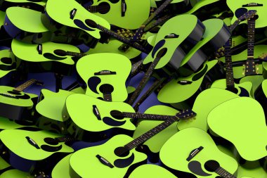 Mavi arka planda izole edilmiş uçan akustik gitar yığını. Müzik dükkanı için İspanyol gitarlı rock festivali posterinin 3D canlandırması