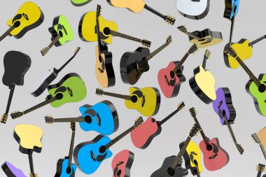 Birçok uçan akustik gitar beyaz arka planda izole edilmiştir. Müzik dükkanı için İspanyol gitarlı rock festivali posterinin 3D canlandırması