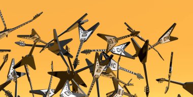 Uçan elektro gitarların çoğu sarı arka planda izole edilmiştir. Müzik dükkanı için İspanyol gitarlı rock festivali posterinin 3D canlandırması
