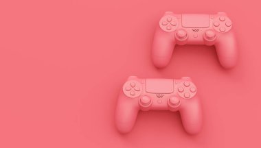 Video oyunu joystickleri ya da tek renkli pembe arka planlı oyun koruyucuları. Bulut oyunu ve oyun alanı çalışma alanı konsepti için 3B yayın ekipmanı oluşturma