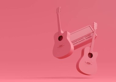 Tek renkli arka planda elektrikli akustik gitar amplifikatörleri. Rock festivali posteri için üç boyutlu müzik enstrümanı, davul makinesi ve bateri prodüksiyonu.
